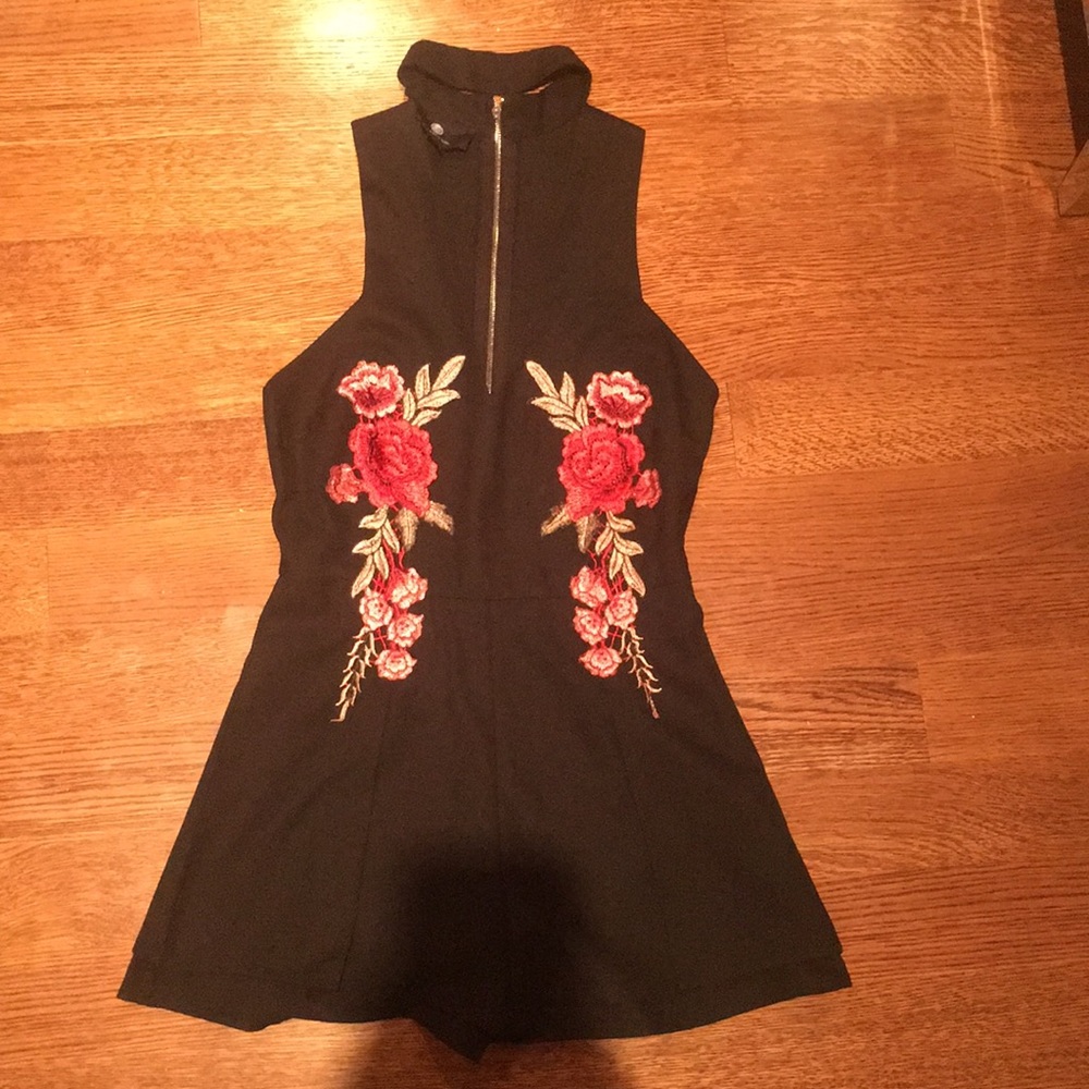 Black choker romper with rose patches